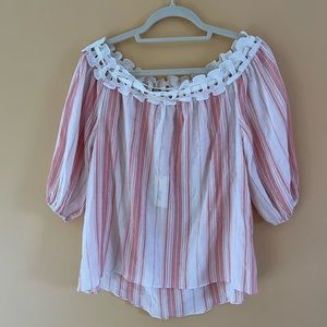 Max Studio London Womens top, Cream pink Striped Cotton off the shoulder, XS